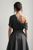 Black One Shoulder Satin A Line Choir Dress with Pockets