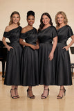 Black One Shoulder Satin A Line Choir Dress with Pockets