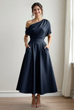 Black Satin A Line Mother Of The Bride Dress With Pockets