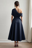 Black One Shoulder Satin A Line Choir Dress with Pockets
