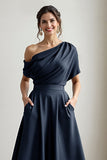 Black One Shoulder Satin A Line Choir Dress with Pockets
