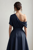 Black One Shoulder Satin A Line Choir Dress with Pockets