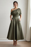 Black One Shoulder Satin A Line Choir Dress with Pockets
