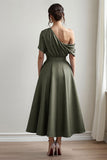 Black One Shoulder Satin A Line Choir Dress with Pockets