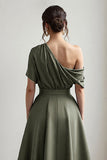 Black One Shoulder Satin A Line Choir Dress with Pockets