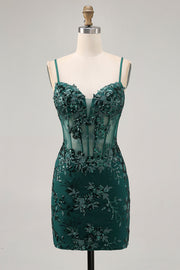 Dark Green Bodycon Backless Sheer Corset Graduation Dress with Sequins