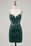Dark Green Bodycon Backless Sheer Corset Graduation Dress with Sequins