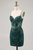 Dark Green Bodycon Backless Sheer Corset Graduation Dress with Sequins