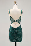 Dark Green Bodycon Backless Sheer Corset Graduation Dress with Sequins