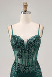 Dark Green Bodycon Backless Sheer Corset Graduation Dress with Sequins