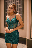 Sparkly Sequins Dark Green Bodycon Backless Corset Graduation Dress
