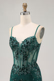 Dark Green Bodycon Backless Sheer Corset Graduation Dress with Sequins