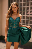 Sparkly Strapless Dark Green Side-Drape Corset Sequins Bodycon Graduation Dress