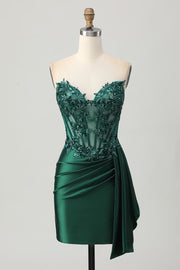 Sparkly Dark Green Strapless Corset Sequins Bodycon Graduation Dress with Streamer