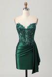 Sparkly Strapless Dark Green Side-Drape Corset Sequins Bodycon Graduation Dress