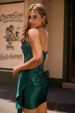 Sparkly Strapless Dark Green Side-Drape Corset Sequins Bodycon Graduation Dress