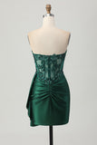 Sparkly Dark Green Strapless Corset Sequins Bodycon Graduation Dress with Streamer