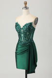 Sparkly Dark Green Strapless Corset Sequins Bodycon Graduation Dress with Streamer