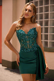 Sparkly Strapless Dark Green Side-Drape Corset Sequins Bodycon Graduation Dress