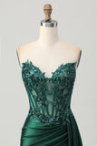 Sparkly Dark Green Strapless Corset Sequins Bodycon Graduation Dress with Streamer