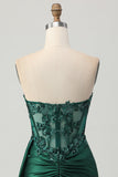 Sparkly Dark Green Strapless Corset Sequins Bodycon Graduation Dress with Streamer