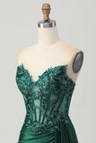 Sparkly Dark Green Strapless Corset Sequins Bodycon Graduation Dress with Streamer