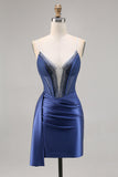 Beaded Corset Navy Satin Graduation Dress with Sash