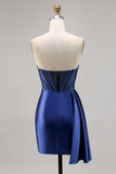 Navy Satin Beaded Corset Graduation Dress with Sash