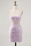 Sparkly Sequins Lilac Sheer Corset Backless Tight Short Graduation Dress