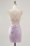 Sparkly Sequins Lilac Sheer Corset Backless Tight Short Graduation Dress