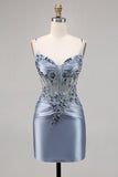 Grey Blue Beaded Corset Graduation Dress with Appliques