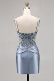 Grey Blue Beaded Corset Graduation Dress with Appliques