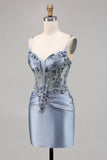 Grey Blue Beaded Corset Graduation Dress with Appliques
