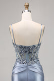 Grey Blue Beaded Corset Graduation Dress with Appliques