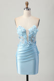 Sky Blue Satin Strapless Bodycon Short Graduation Dres with Sequins