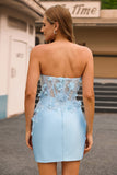 Sky Blue Satin Strapless Bodycon Short Graduation Dres with Sequins