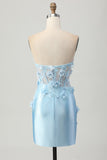 Sky Blue Satin Bodycon Strapless Sequins Short Graduation Dress with Appliques