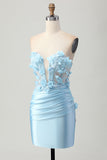 Sky Blue Satin Bodycon Strapless Sequins Short Graduation Dress with Appliques