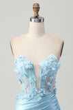 Sky Blue Satin Bodycon Strapless Sequins Short Graduation Dress with Appliques