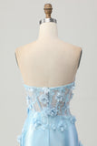 Sky Blue Satin Bodycon Strapless Sequins Short Graduation Dress with Appliques