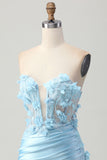 Sky Blue Satin Bodycon Strapless Sequins Short Graduation Dress with Appliques