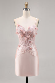 Pink Satin Corset Bodycon Graduation Dress with Appliques