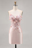 Pink Satin Corset Bodycon Graduation Dress with Appliques