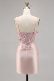Pink Satin Corset Bodycon Graduation Dress with Appliques