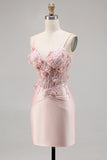 Pink Satin Corset Bodycon Graduation Dress with Appliques