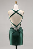 Dark Green Corset Satin Backless Bodycon Graduation Dress