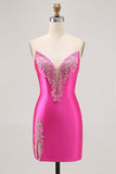 Fuchsia Strapless Beaded Bodycon Graduation Dress with Slit