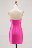 Fuchsia Strapless Beaded Bodycon Graduation Dress with Slit