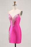 Fuchsia Strapless Beaded Bodycon Graduation Dress with Slit