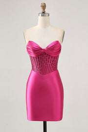 Sparkly Fuchsia Corset Tight Satin Short Graduation Dress